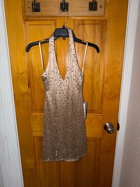 Sleeveless V-Neck Embellished Mini Dress in Gold